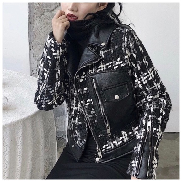 Jackets & Blazers - Gorgeous Black Tweed Vegan Leather Jacket